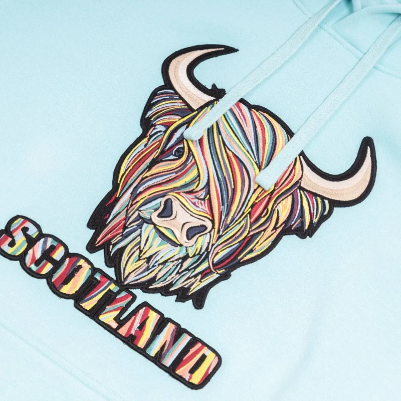 pastel highland cow hoodie for adults aqua