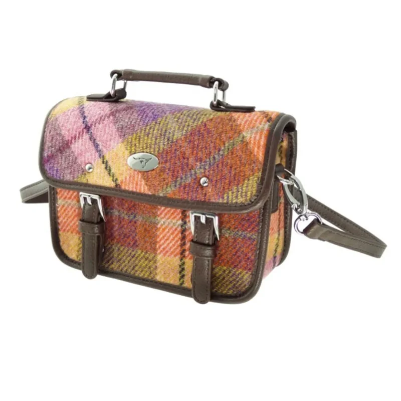 peach purple tartan harris tweed bervie mini satchel