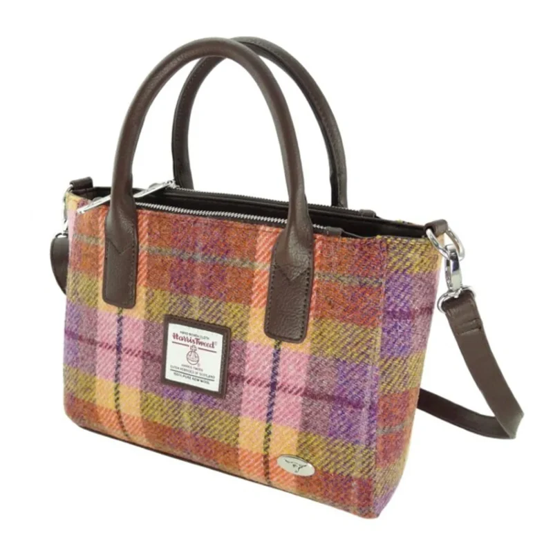 peach purple tartan small tote bag with shoulder strap