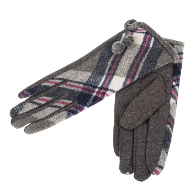 pom pom tartan womens gloves grey