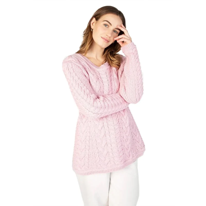 primrose cable crew neck sweater pale pink