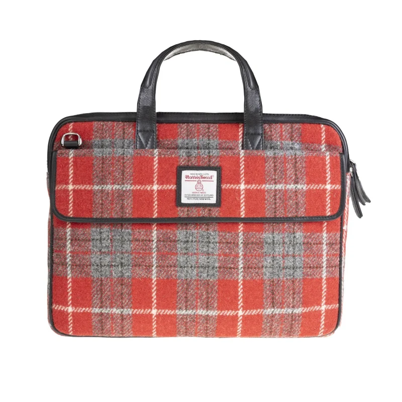 red black check leather laptop bag