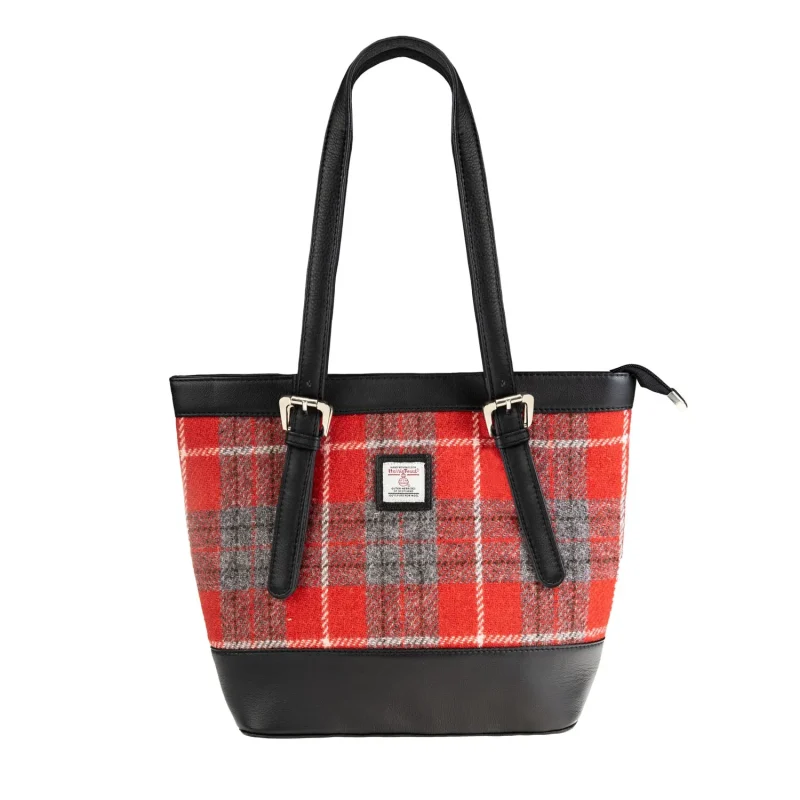 red check black leather tote bag ht