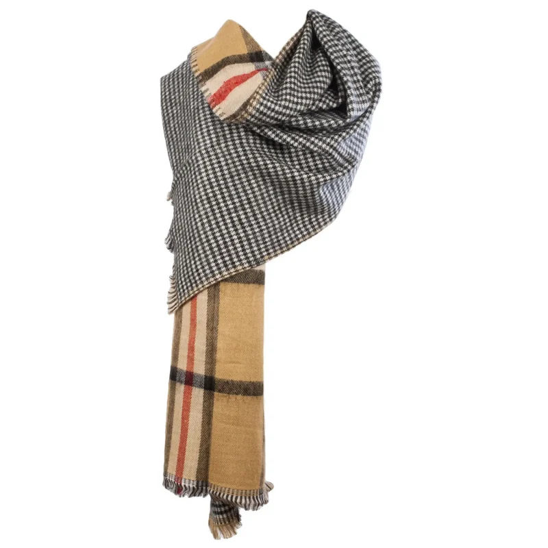 reversible tartan stole in camel