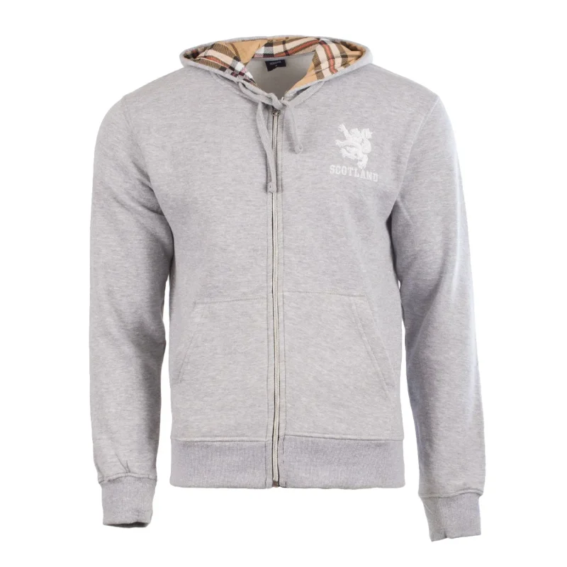 scotland lion heather grey zip hoodie with camel tartan