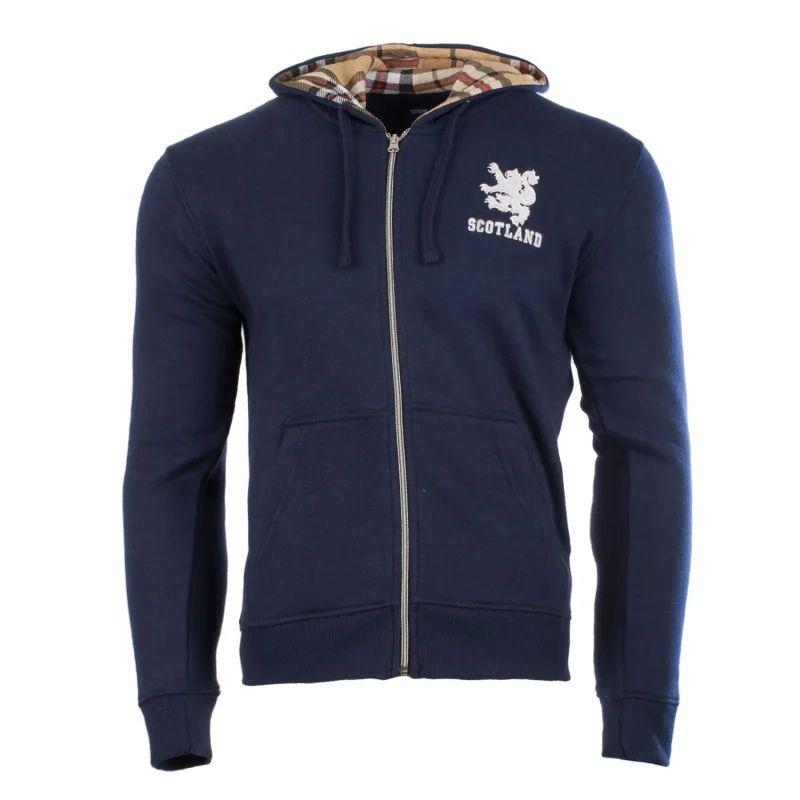 scotland lion tartan hooded zip top navy camel