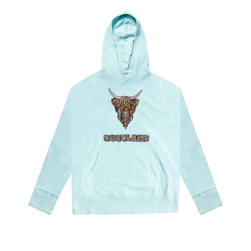 scottish highland cow embroidered hoodie aqua