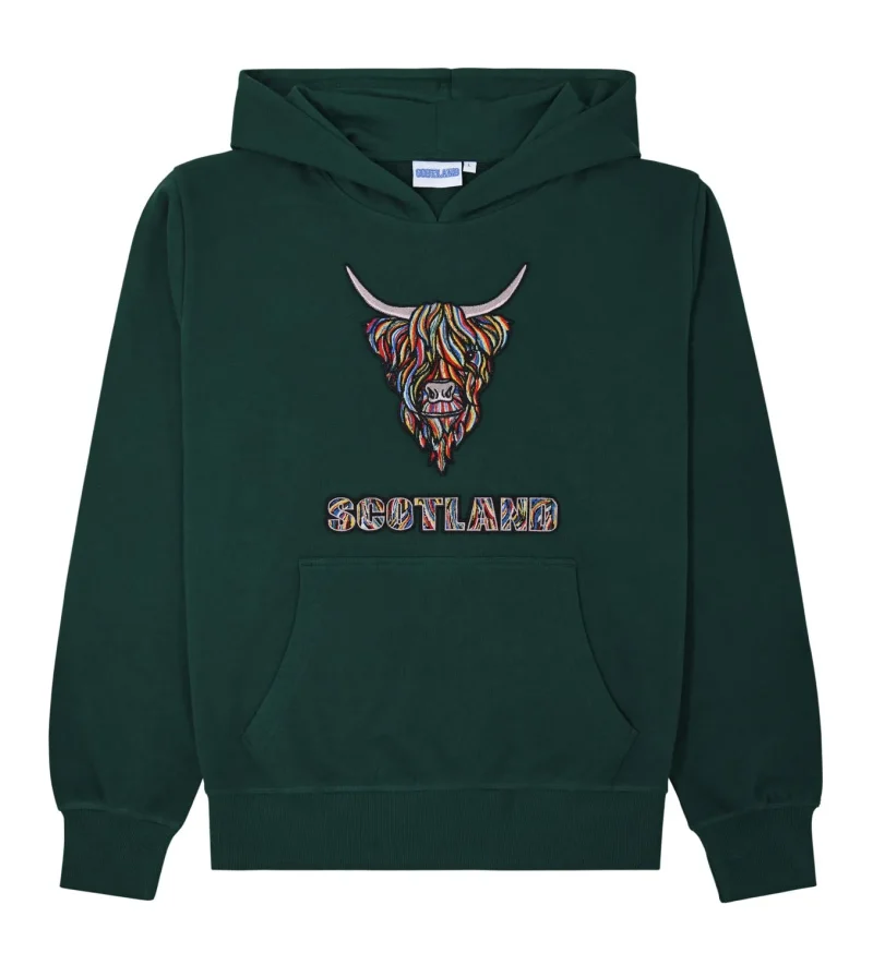 scottish highland cow embroidered hoodie bottle green