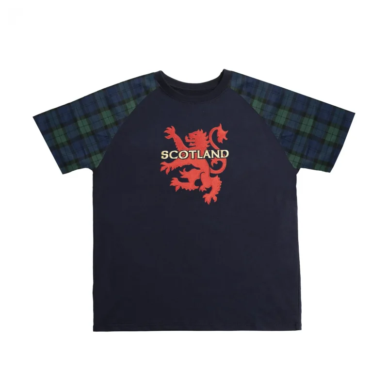 scottish lion t shirt with blackwatch tartan sleeves