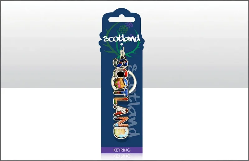 scottish wood keyring with montage lettering