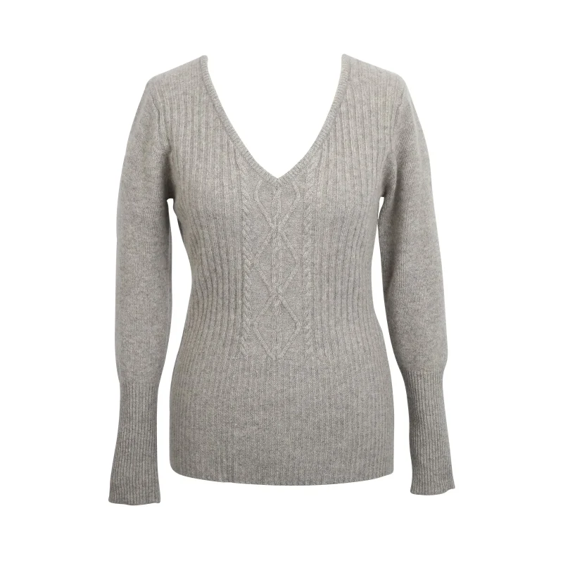 silver grey v neck cable sweater