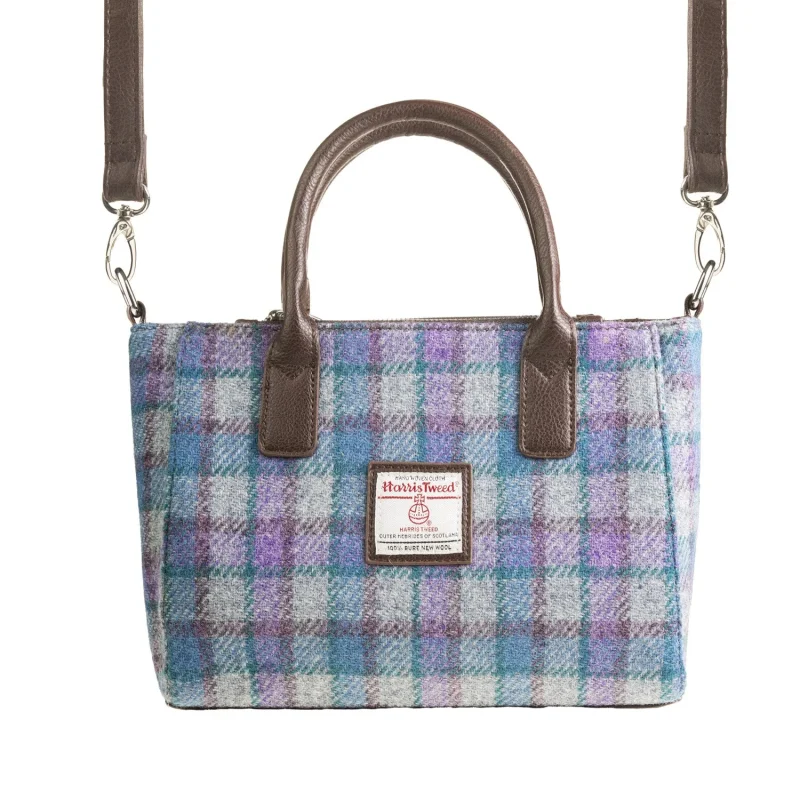 small brora blue purple check tote bag with shoulder strap