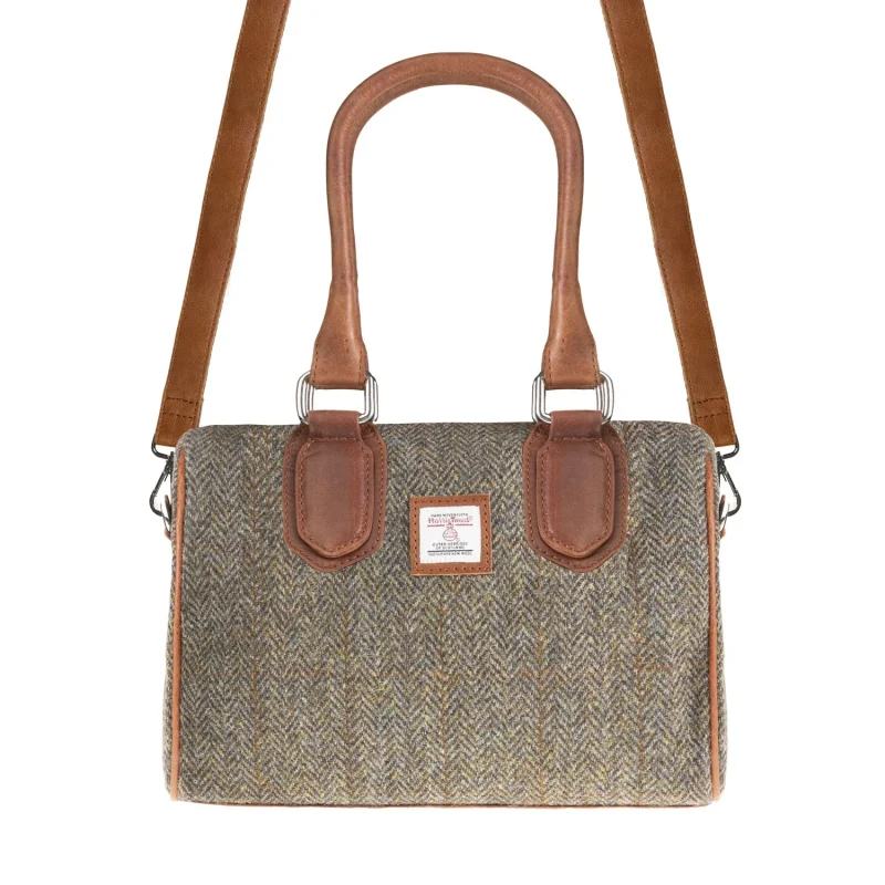 small brown leather handbag tan herringbone