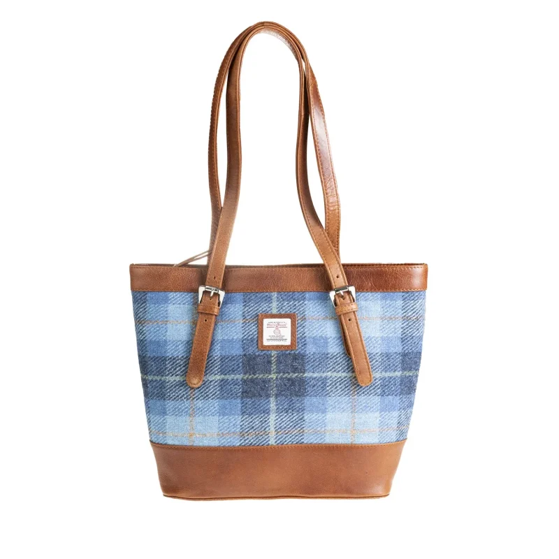 tan blue check leather tote bag