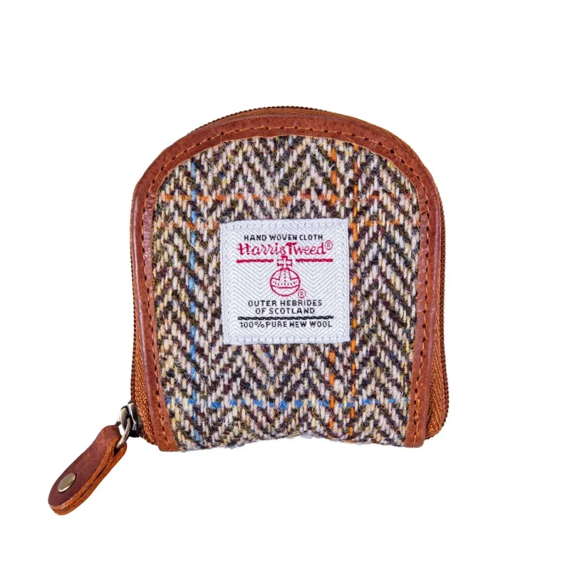 tan brown leather coin purse for women herringbone design