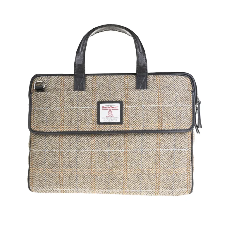 tan brown leather laptop bag with herringbone design