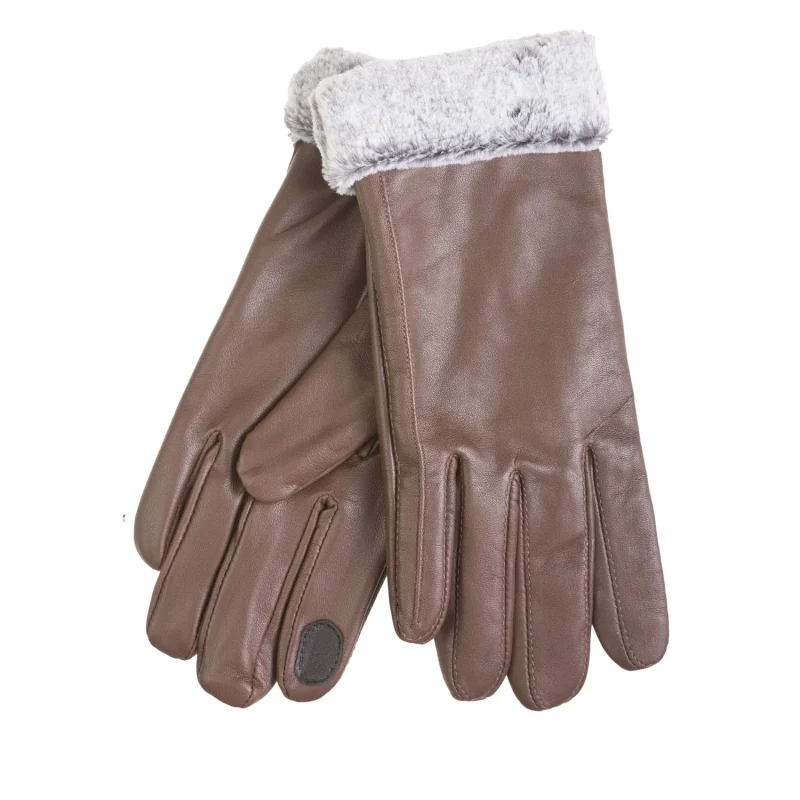 tan leather gloves with faux fur trim for women