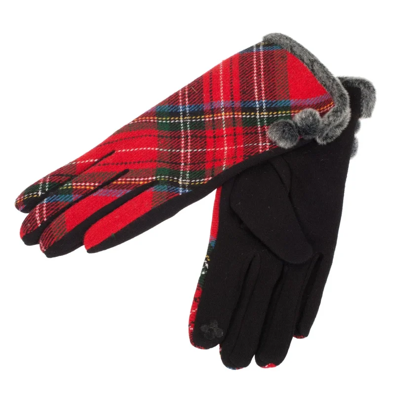 tartan pom pom knit gloves