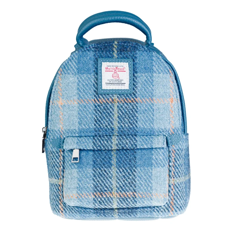 tweed mini backpack in blue check tartan light blue