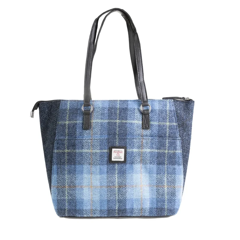 vegan leather blue check tote bag navy black handles