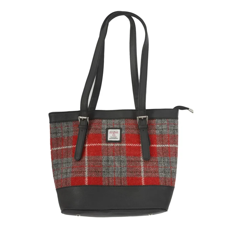 vegan leather red check tote bag black