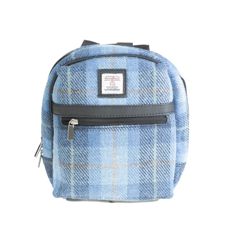 vegan leather small backpack in black blue plaid