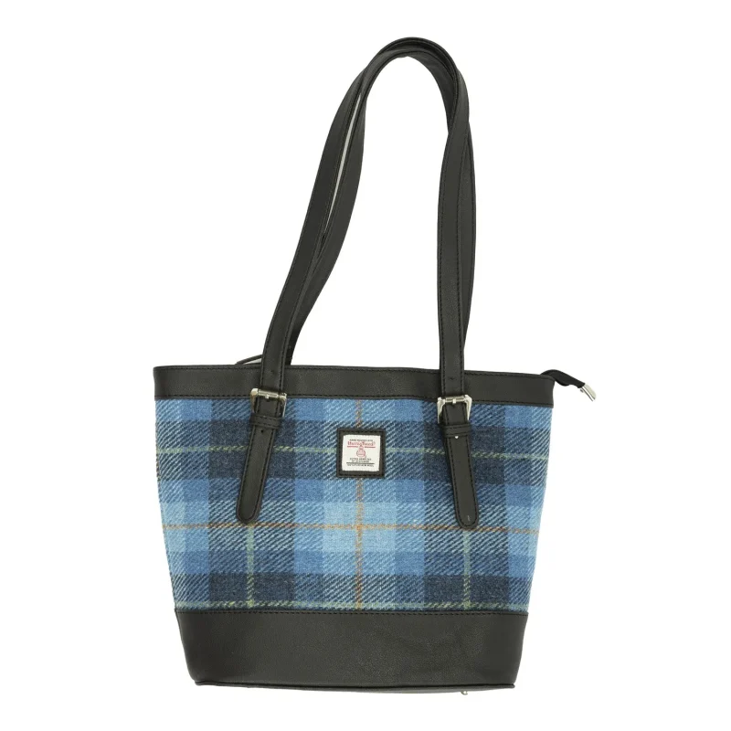 vegan leather tote bag blue and black check