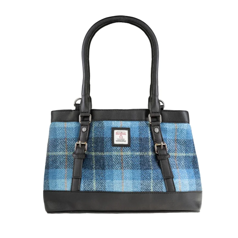 vegan leather tote bag blue black check