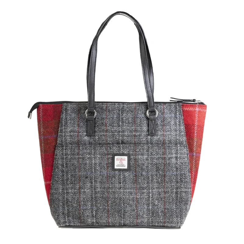 vegan leather tote bag grey red check red check a black