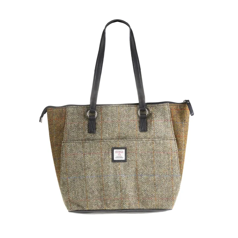 vegan leather tote bag light brown check autumn brown check black