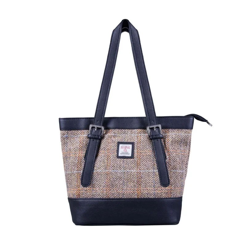 vegan leather tote bag tan brown herringbone black