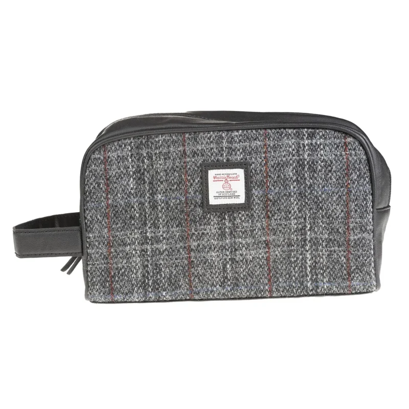 vegan leather wash bag grey red check black