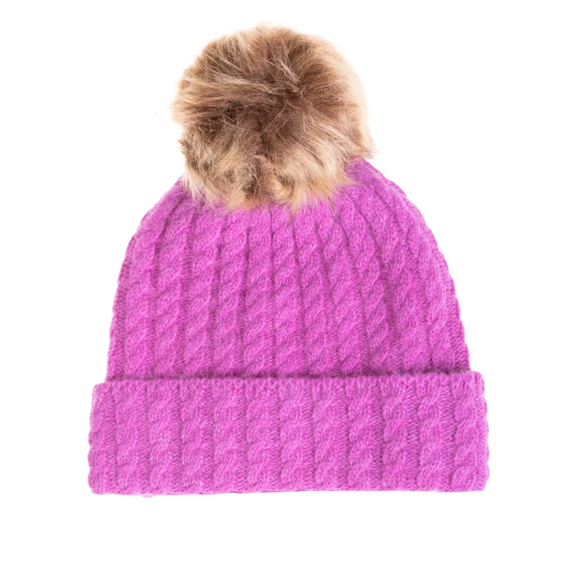 violet cable lambswool beanie with pom scaled