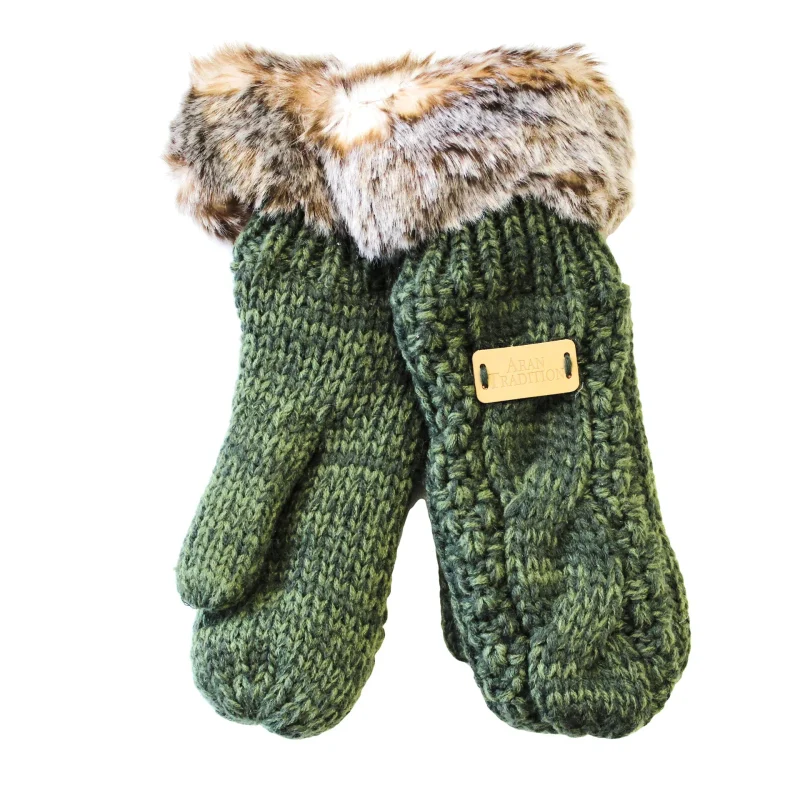 warm aran cable mittens with fur trim