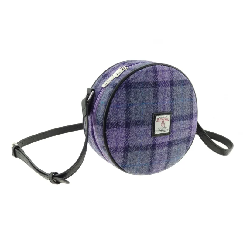 women s bold purple check harris tweed round strap bag