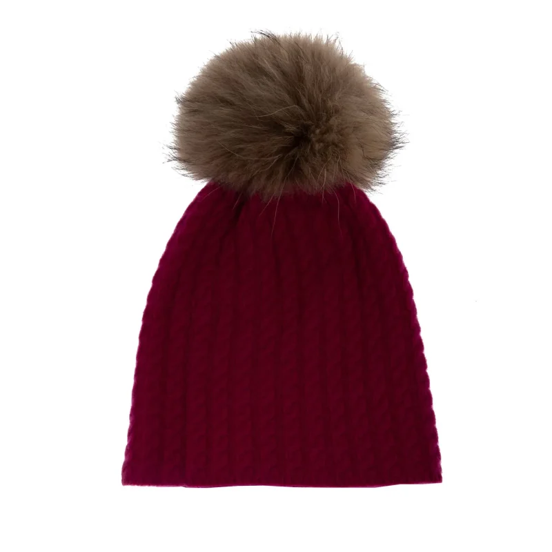 women s cashmere cable knit hat with pom poms fuschia