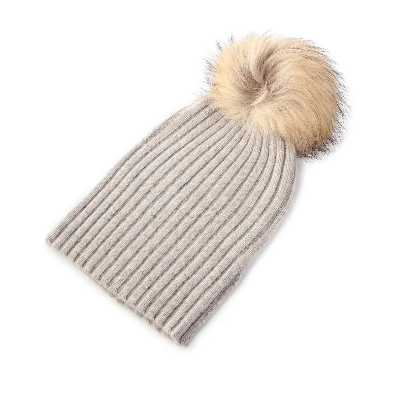 women s cashmere ribbed pom hat oyster grey