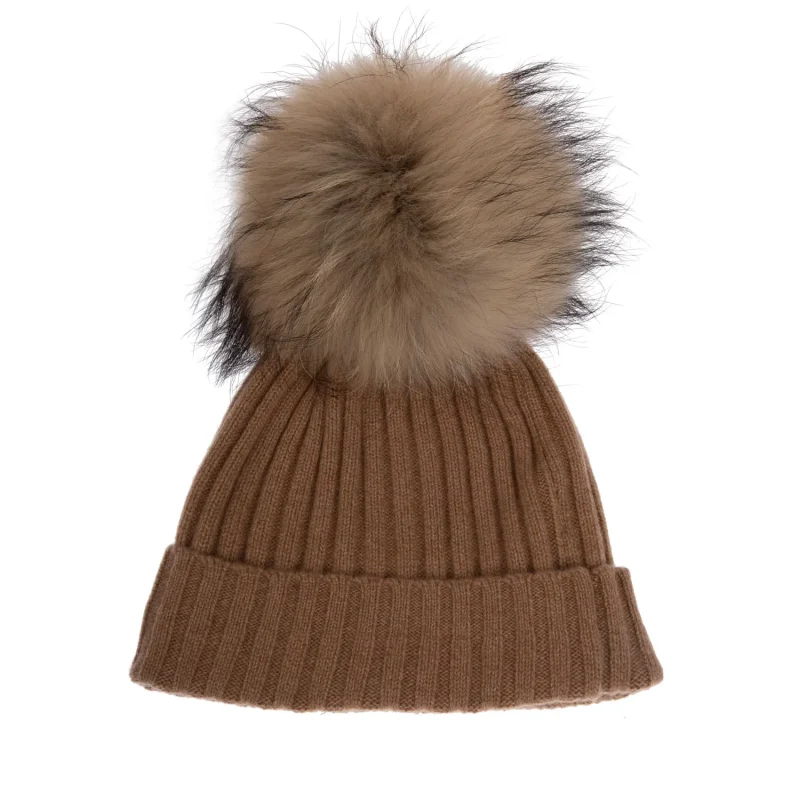 women s cashmere ribbed pom pom hat camel