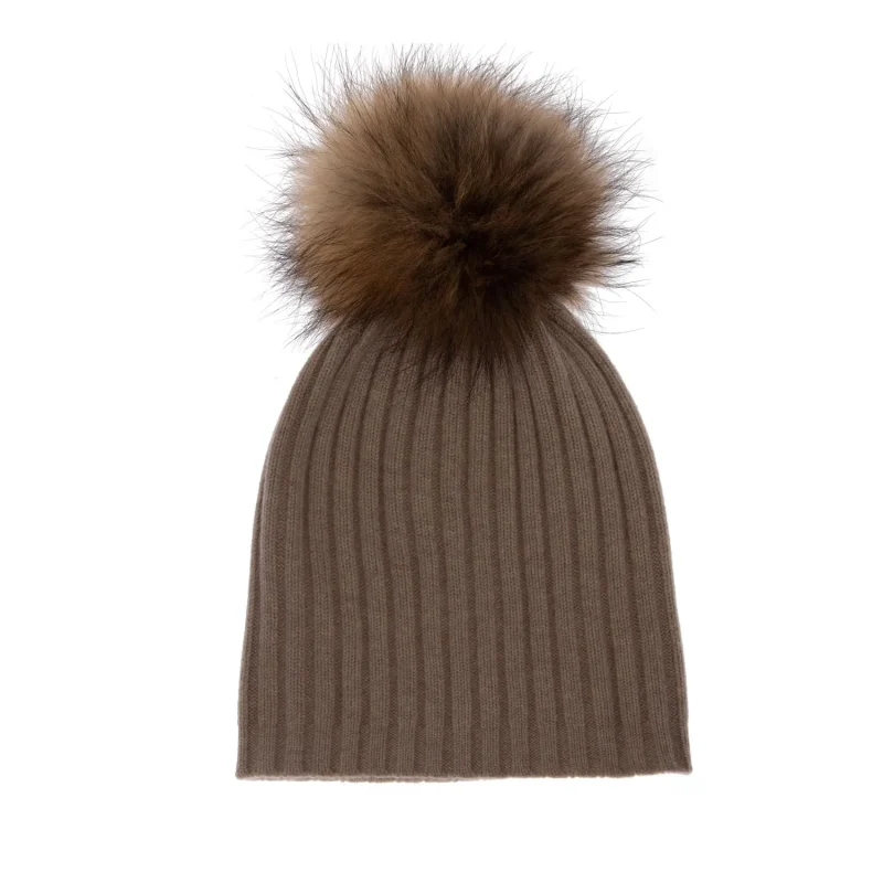 women s cashmere ribbed pom pom hat sand beige