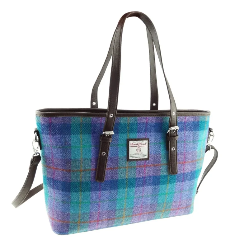 women s harris tweed green purple check tote bag