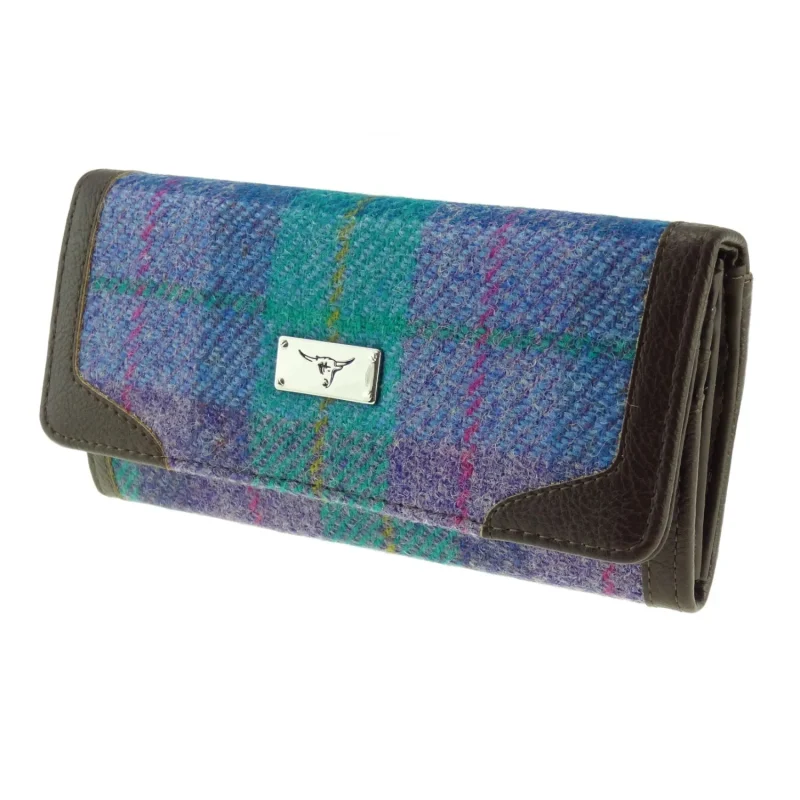 women s harris tweed long purse green purple check