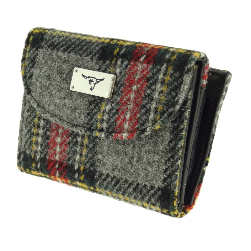 women s harris tweed wallet grey red tartan