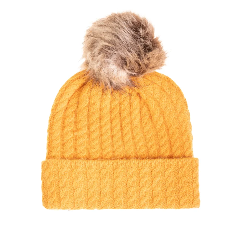 women s lambswool cable knit beanie ochre pom scaled