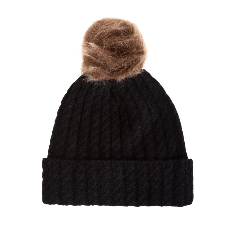 women s lambswool cable pom beanie black scaled