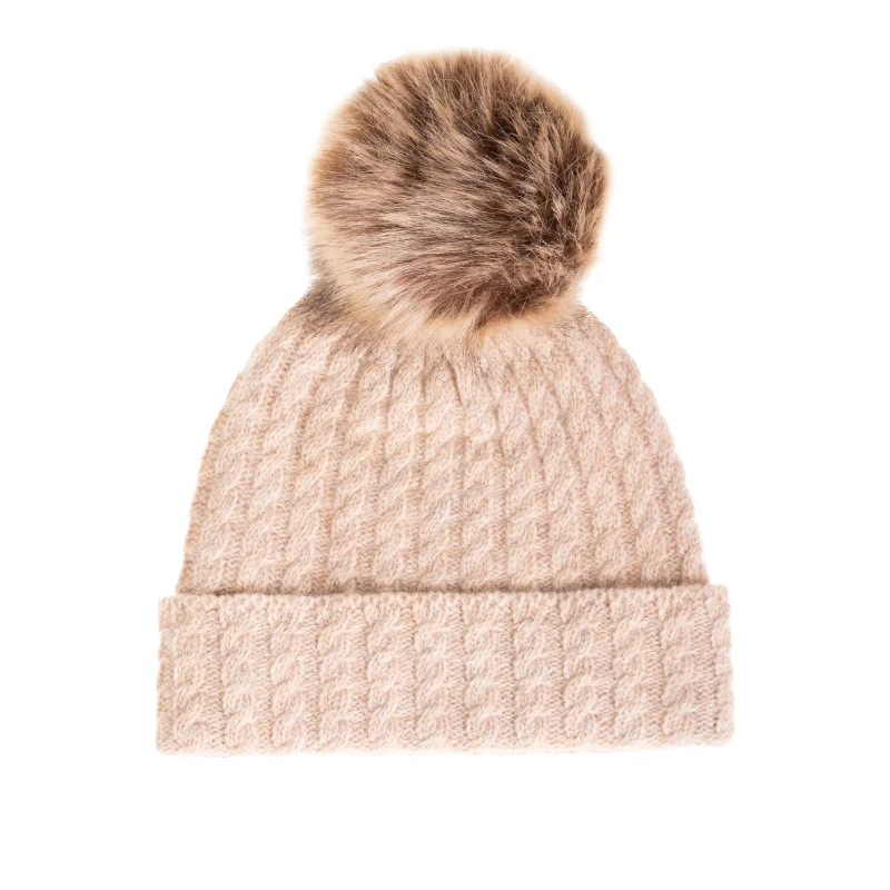 women s lambswool cable pom beanie sand scaled