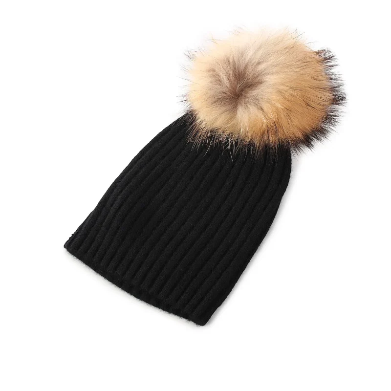 women s ribbed cashmere pom hat black