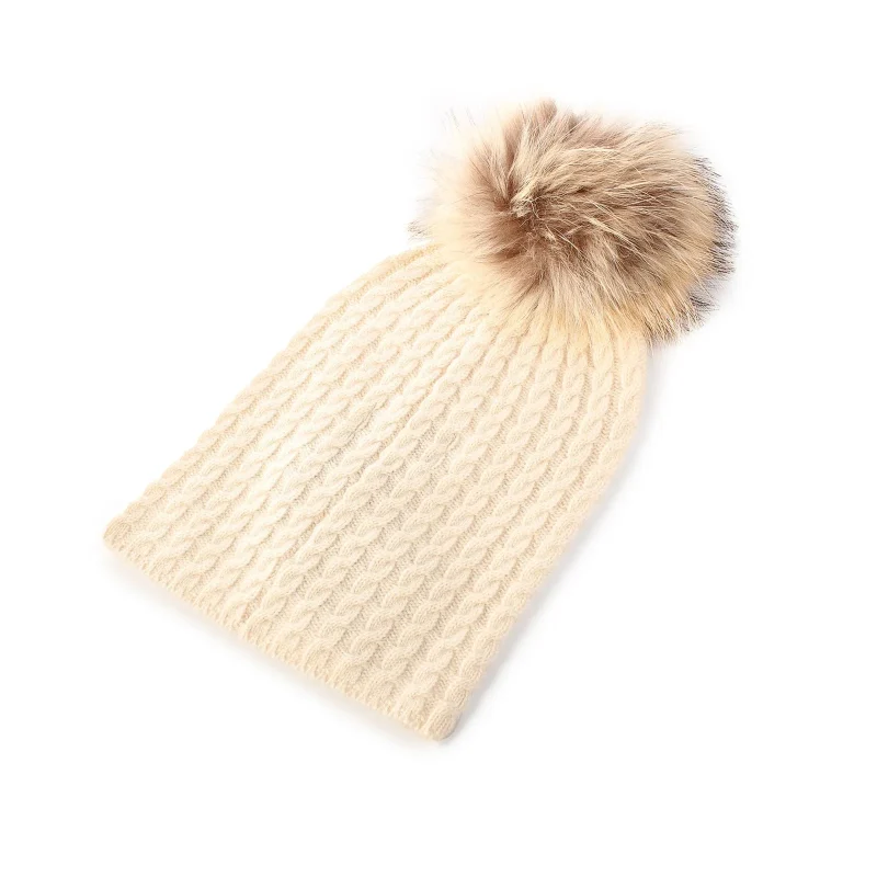 womens cable knit cashmere hat with pom poms optical white