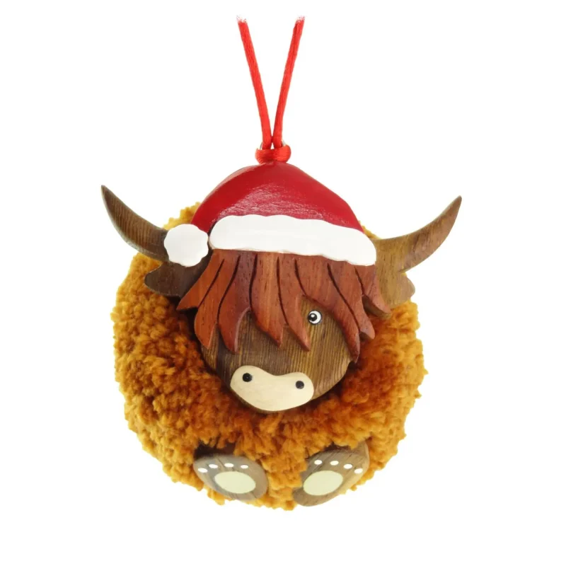 wooden cow christmas ornament with pom poms