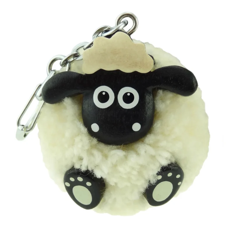 wooden sheep keyring with pom poms